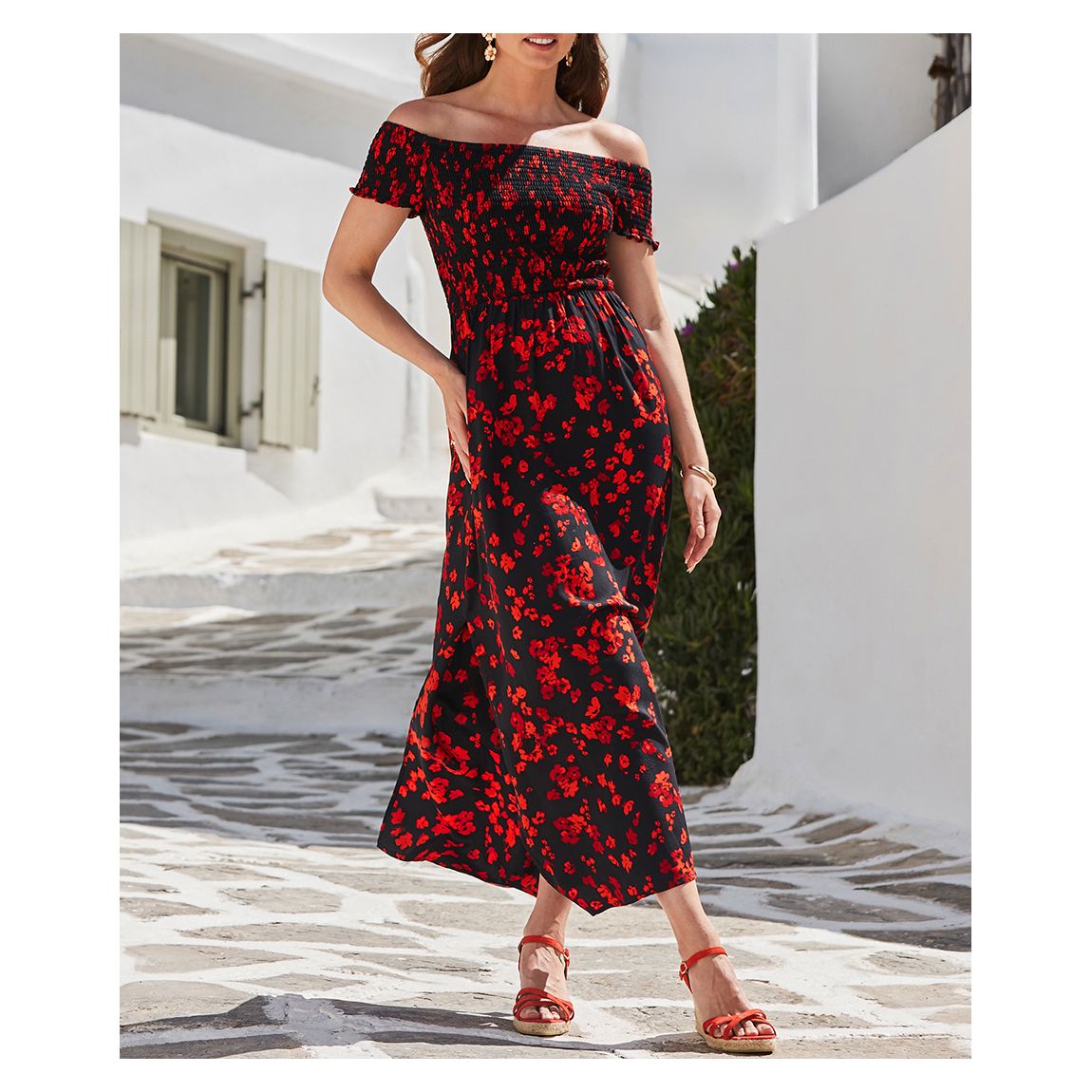 Black Floral Print Shirred Body Bardot Maxi Dress main product photo