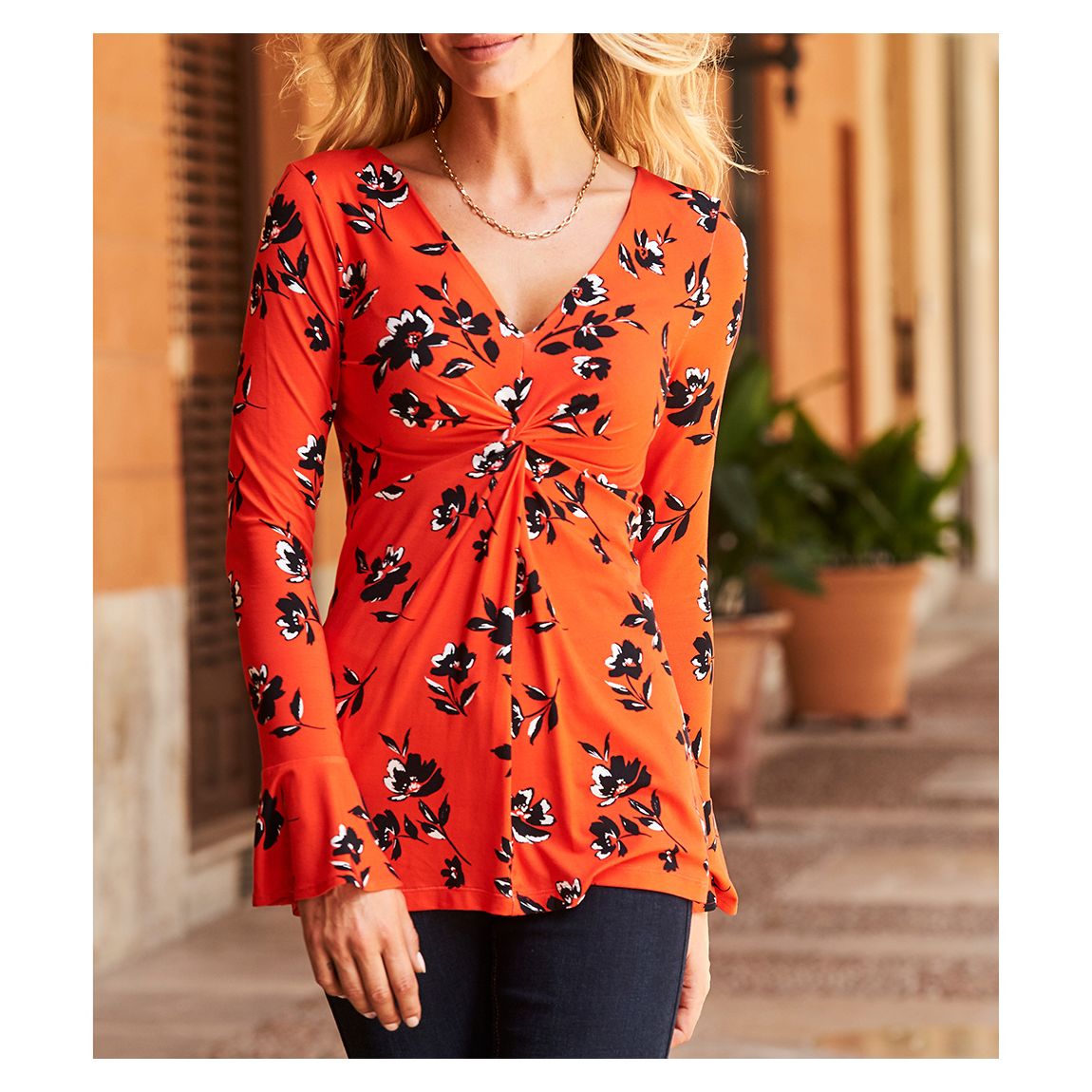 Red & Black Floral Print Twist Front Jersey Top main product photo