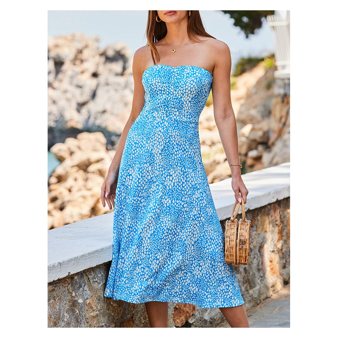 Sky Blue & White Ditsy Print Bandeau Midi Swish Dress main product photo