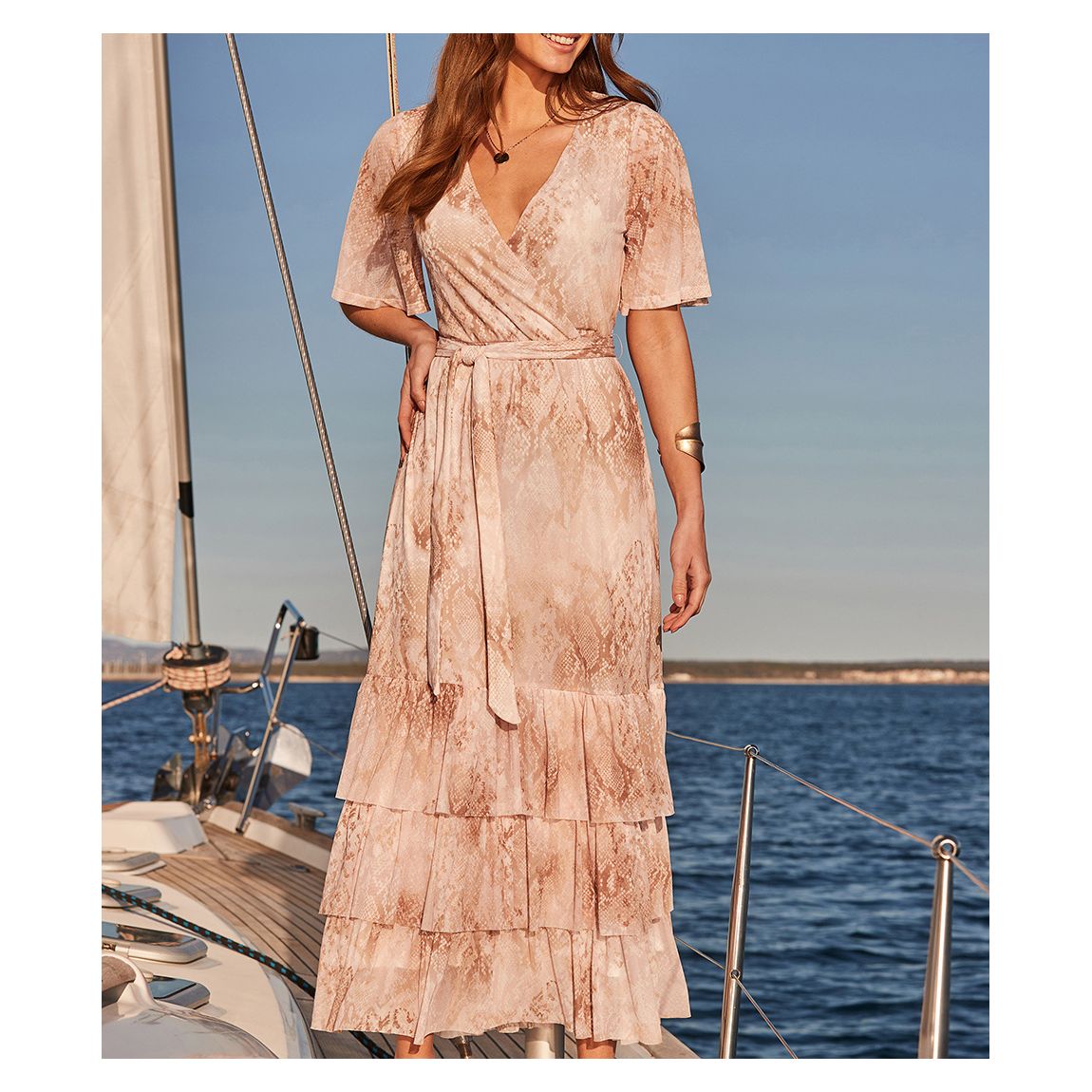 Snake Print Tiered Hem Wrap Jersey Midi Dress main product photo