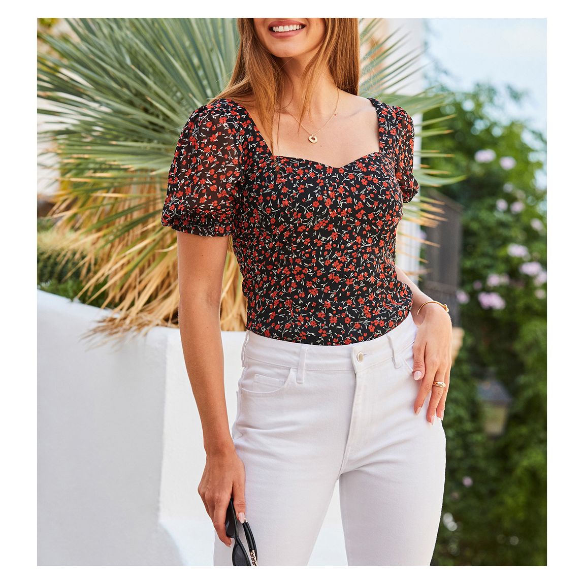 Black Ditsy Floral Print Sweetheart Neckline Top main product photo