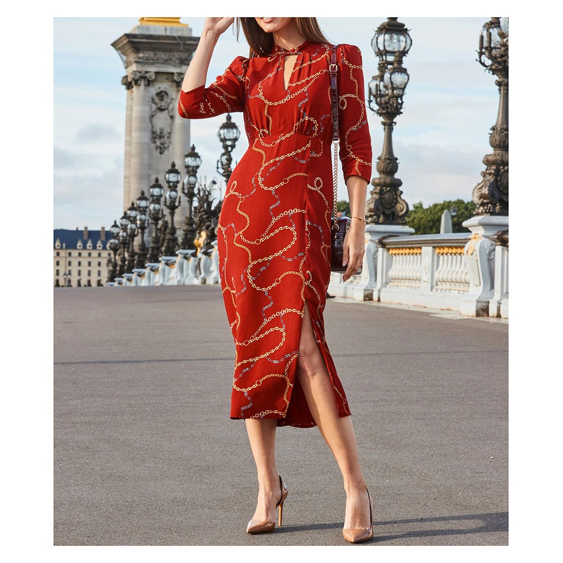 Red Chain Print Keyhole Detail Midi Dress main product photo