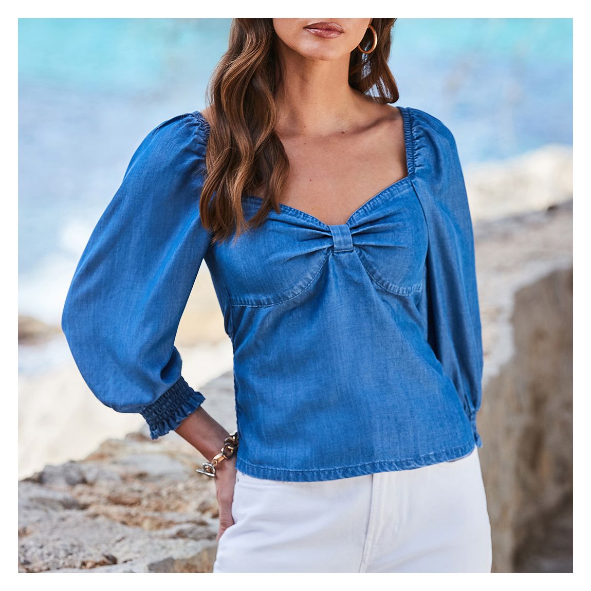 Indigo Blue Twist Front Denim Top main product photo