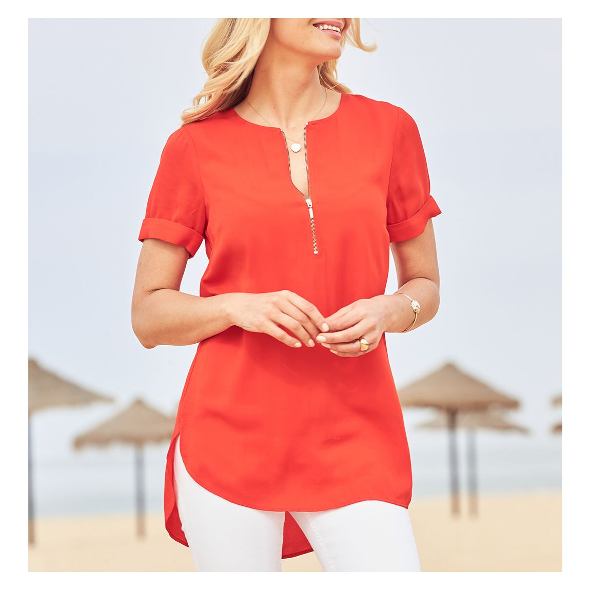 Red Zip Front Short Sleeve Tunic Top main product photo