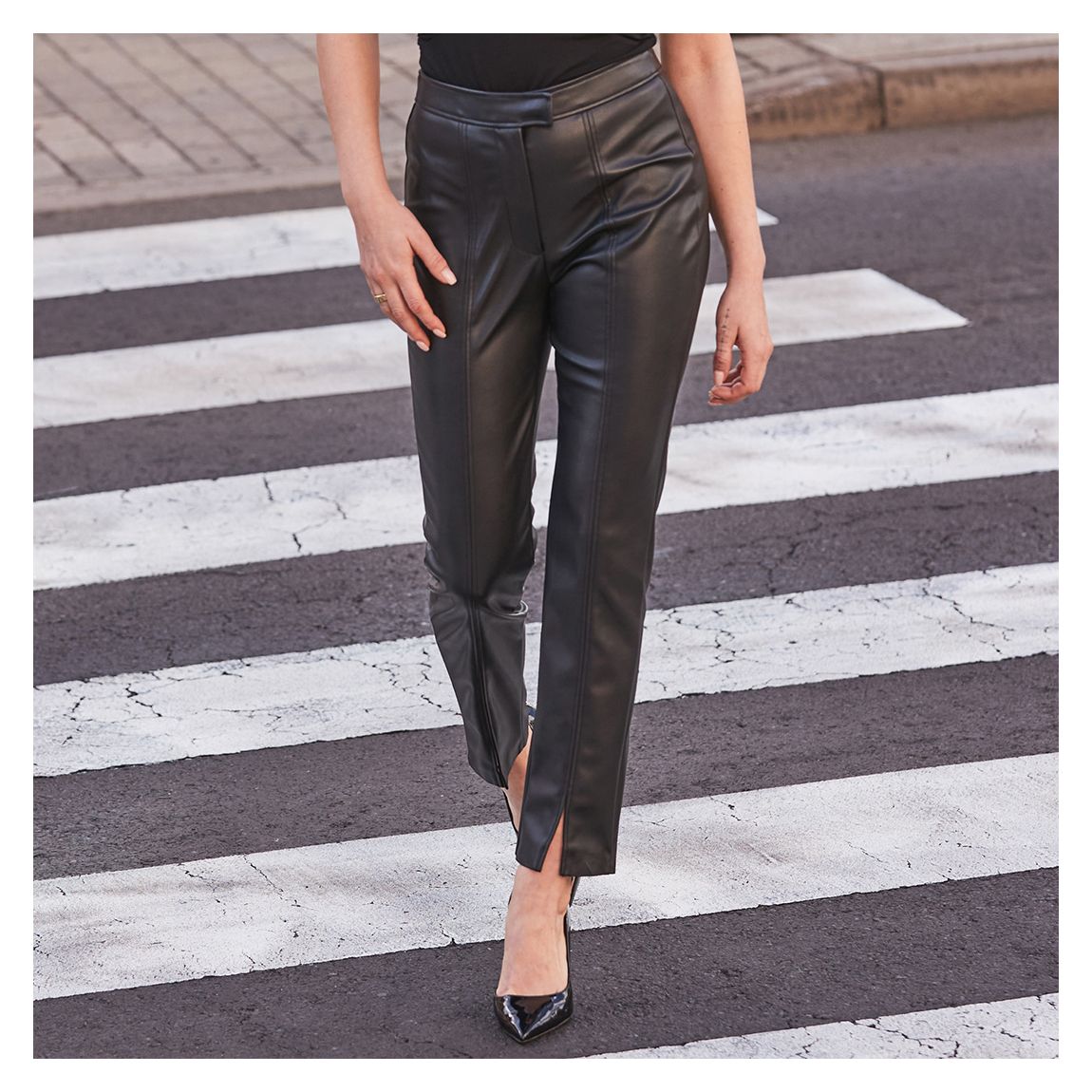 Black Faux Leather Front Split Tailored Trousers 06-Regular main product photo