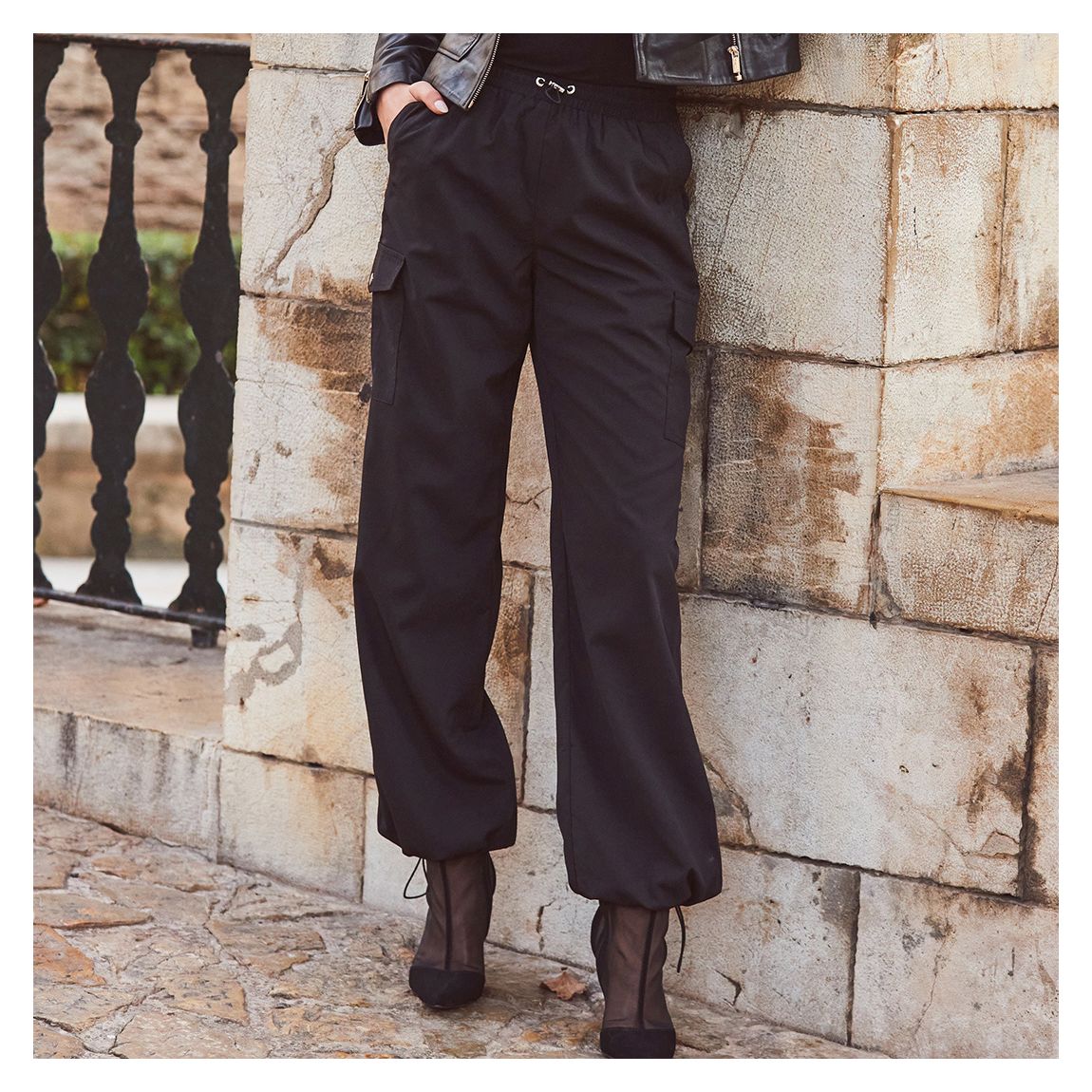 Black Parachute Pants With Drawcord Detail 06-Regular main product photo