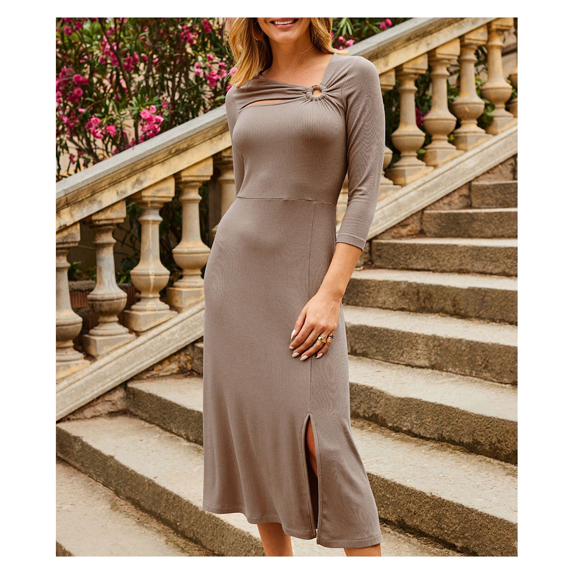 Mocha Brown Hoop Detail Fit & Flare Midi Jersey Dress main product photo