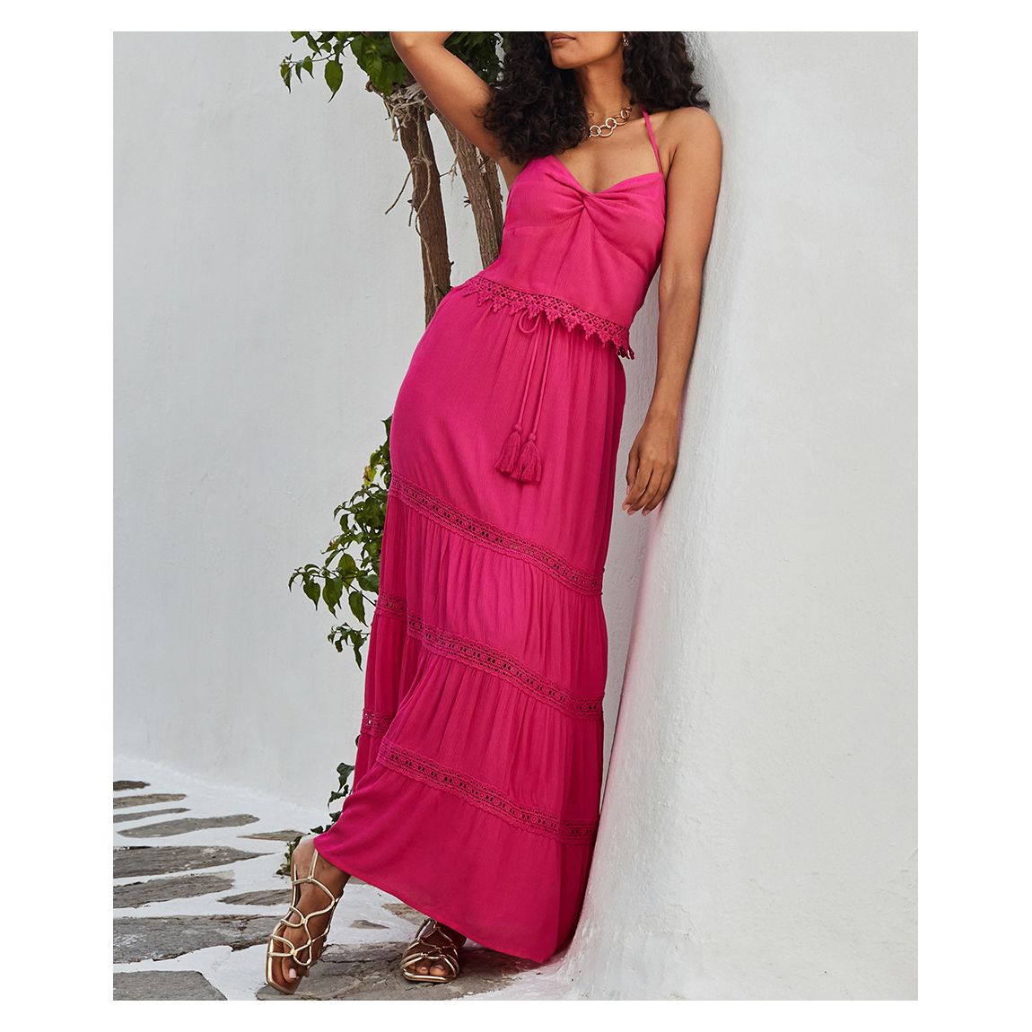 Pink Lace Detail Tiered Hem Maxi Skirt main product photo