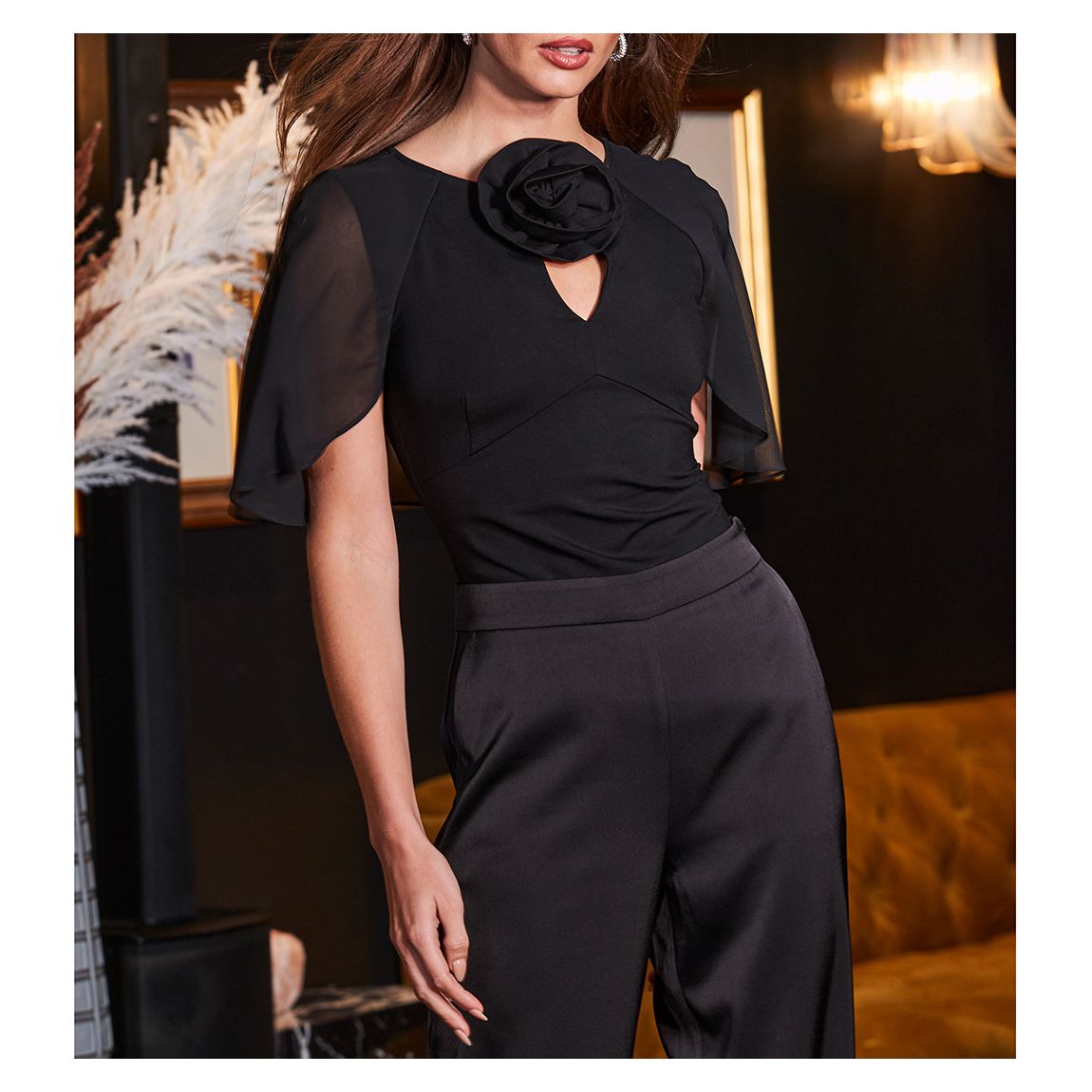 Black Corsage Keyhole Detail Angel Sleeve Top main product photo