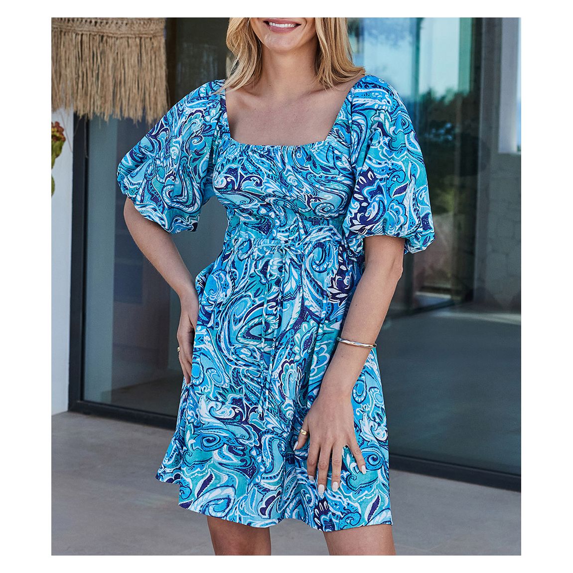 Blue Paisley Print Puff Sleeve Jersey Dress main product photo