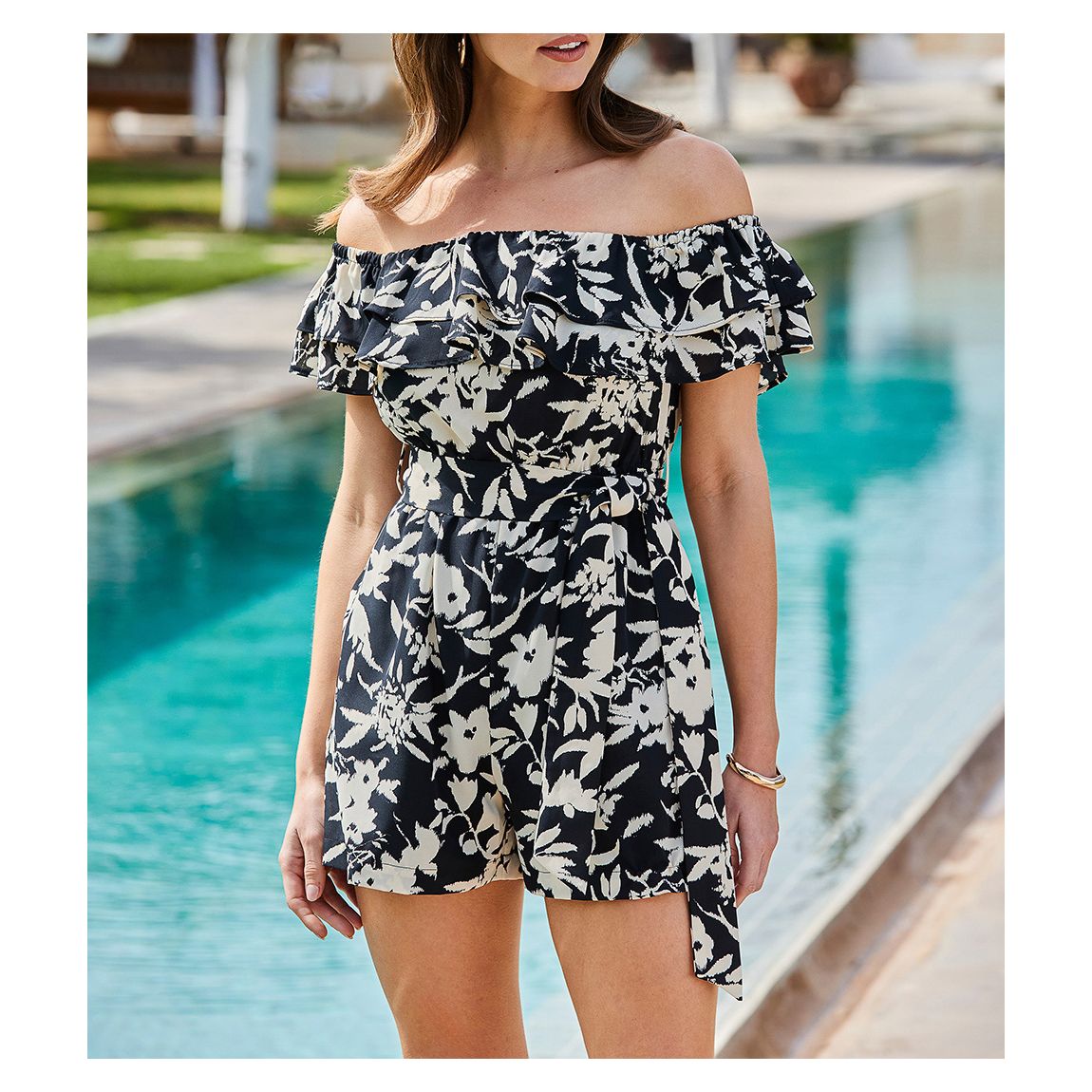 Black Floral Print Ruffle Detail Bardot Playsuit main product photo