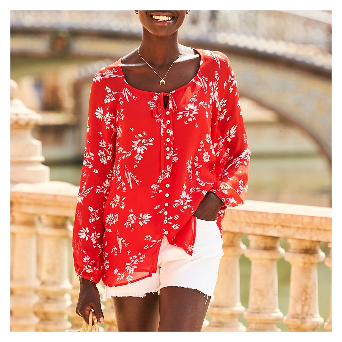 Red Floral Print Button Front Blouse main product photo