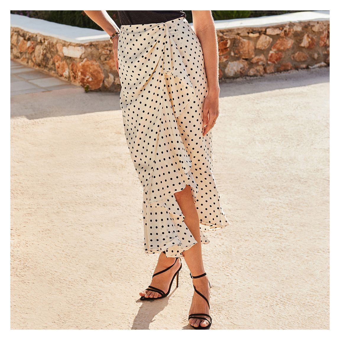 Ivory Spot Print Satin Ruffle Hem Midi Skirt main product photo