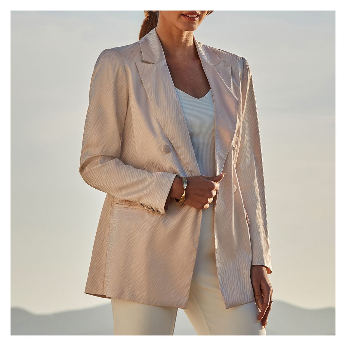Champagne Gold Animal Jacquard Satin Double Breasted Blazer main product photo