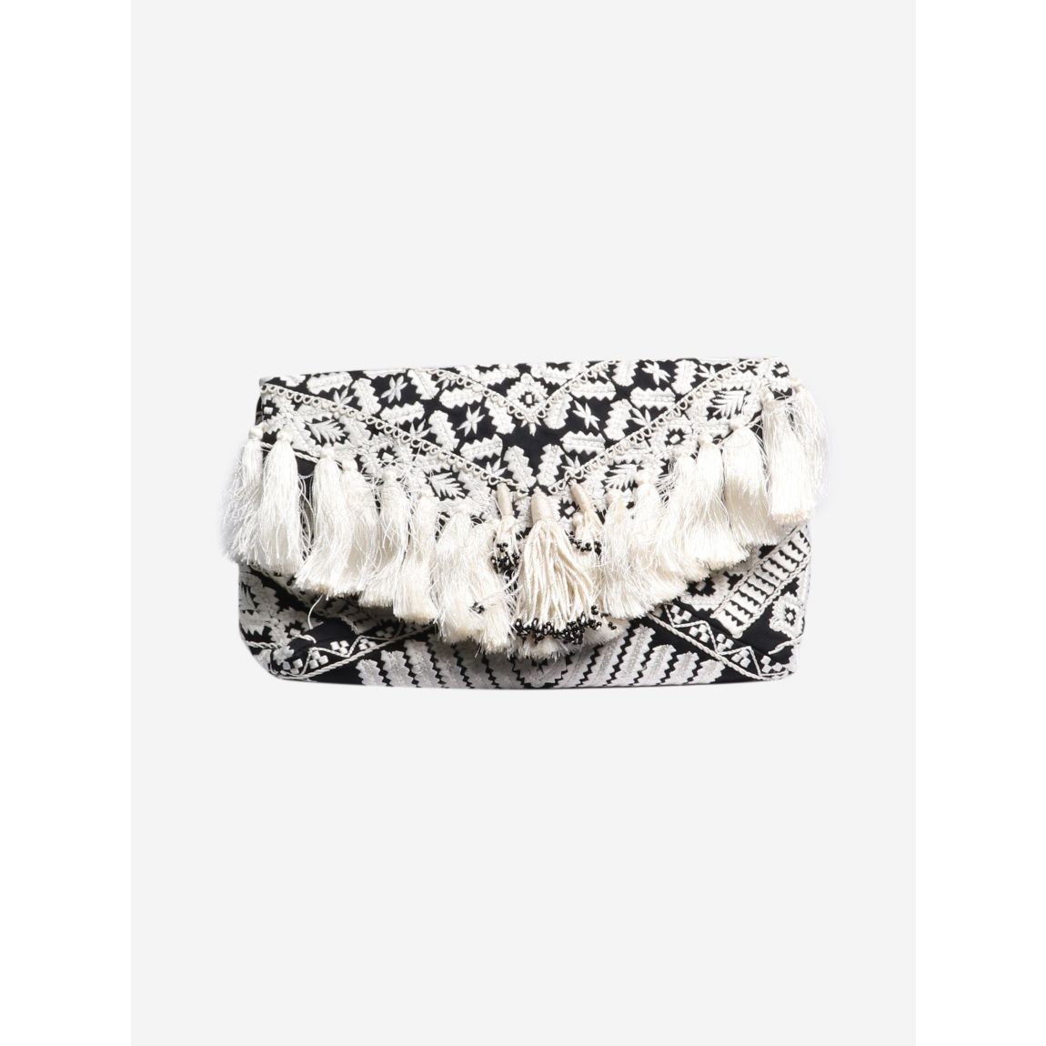 Black and white embroidered fringe clutch bag main product photo