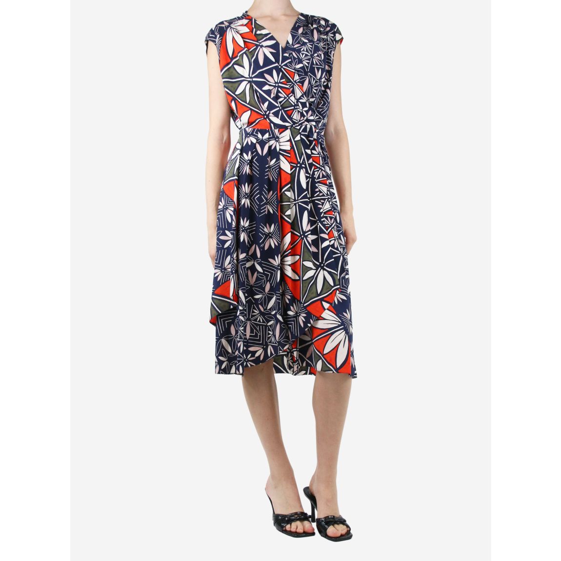 Navy printed silk midi dress main product photo