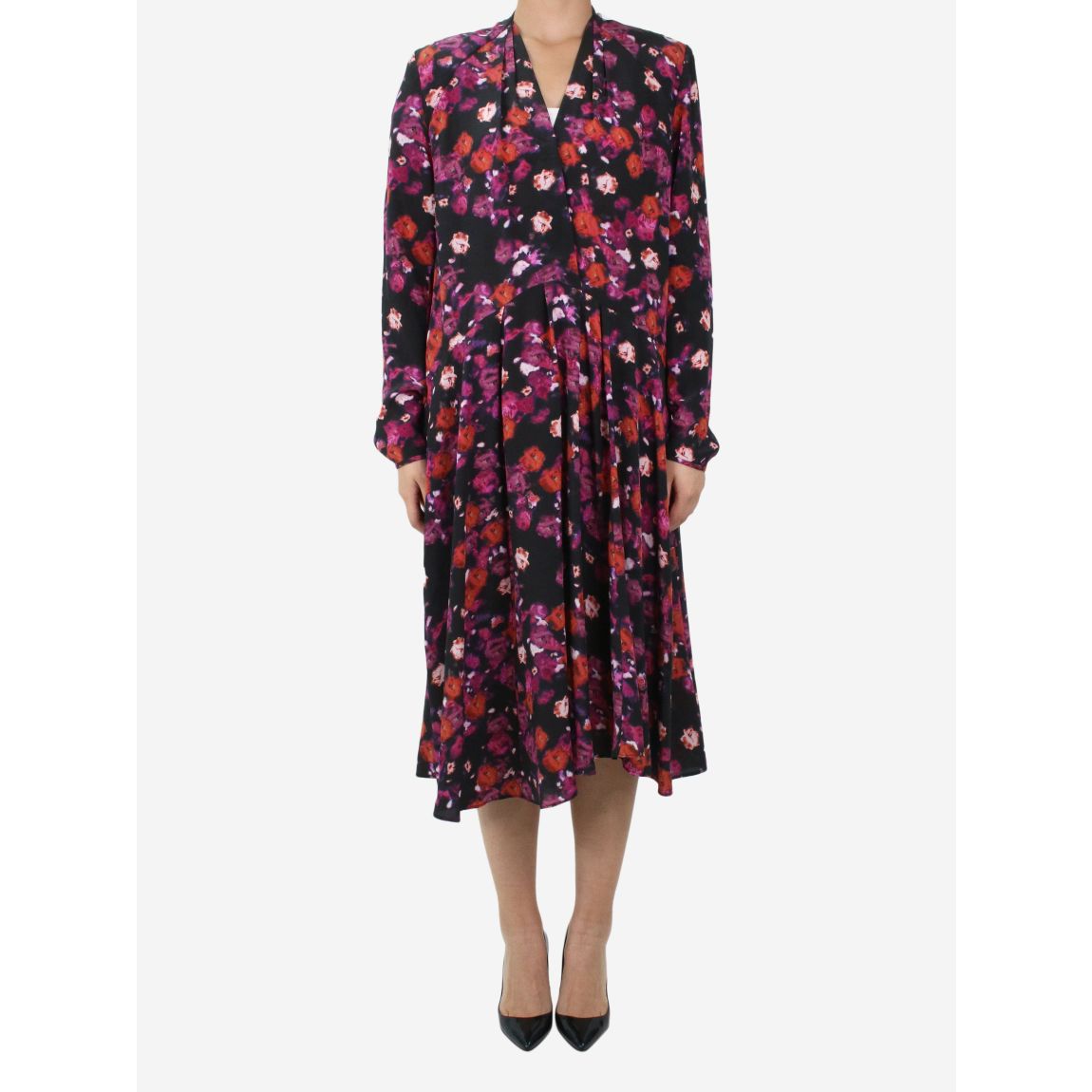 Multi padded shoulder floral midi dress main product photo