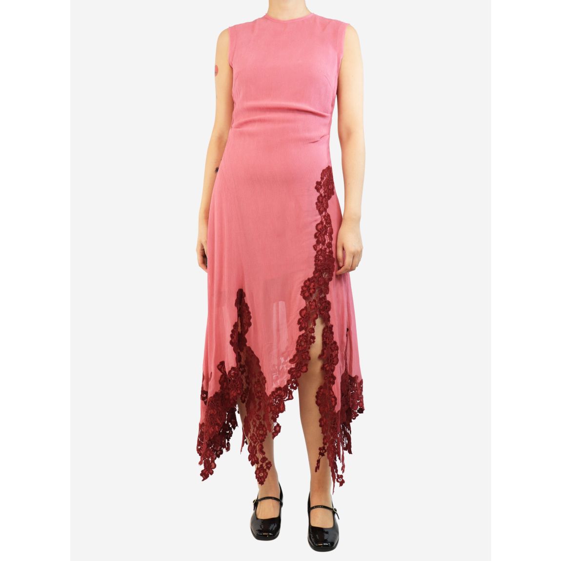 Pink sleeveless lace-trimmed crepe midi dress main product photo