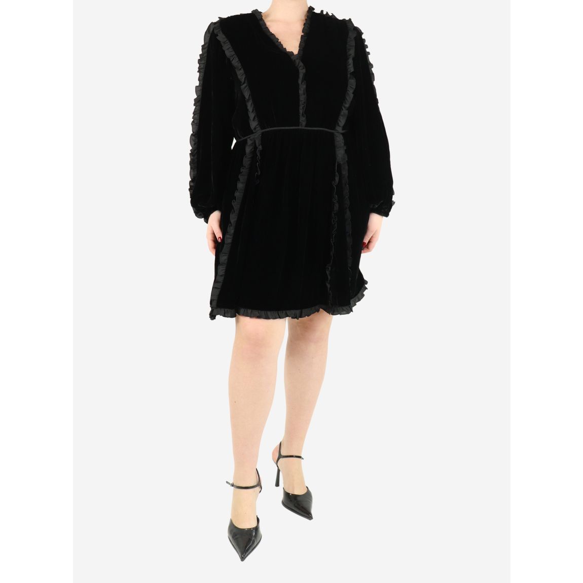 Black velvet ruffle midi dress main product photo