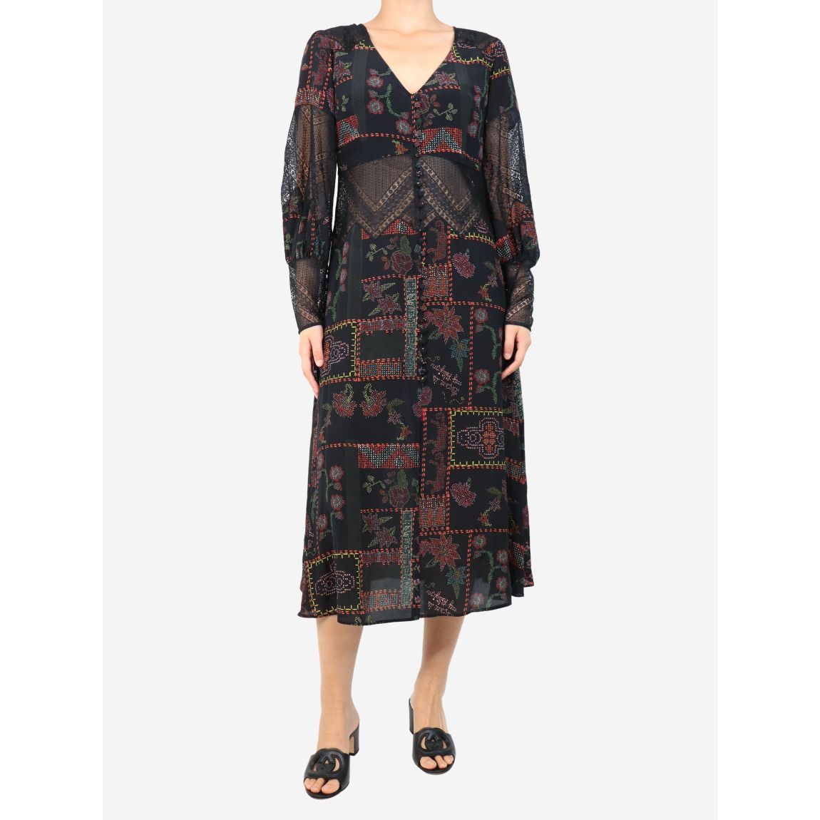 Black printed lace-trim midi dress main product photo