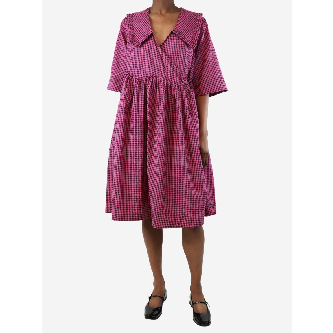 Pink gingham seersucker midi wrap dress main product photo