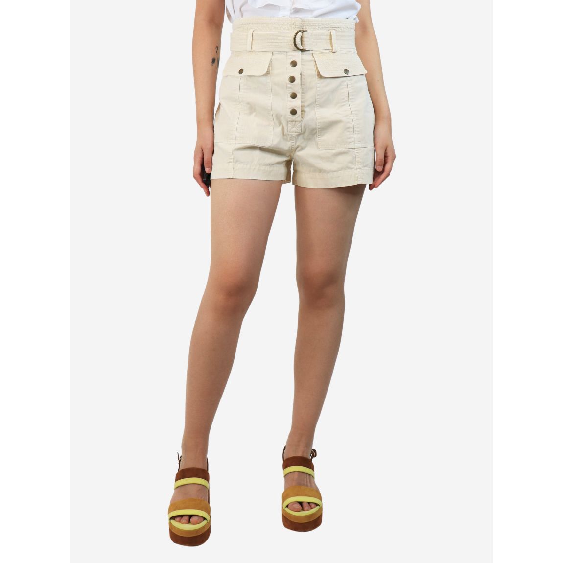 Cream belted mini cargo shorts main product photo