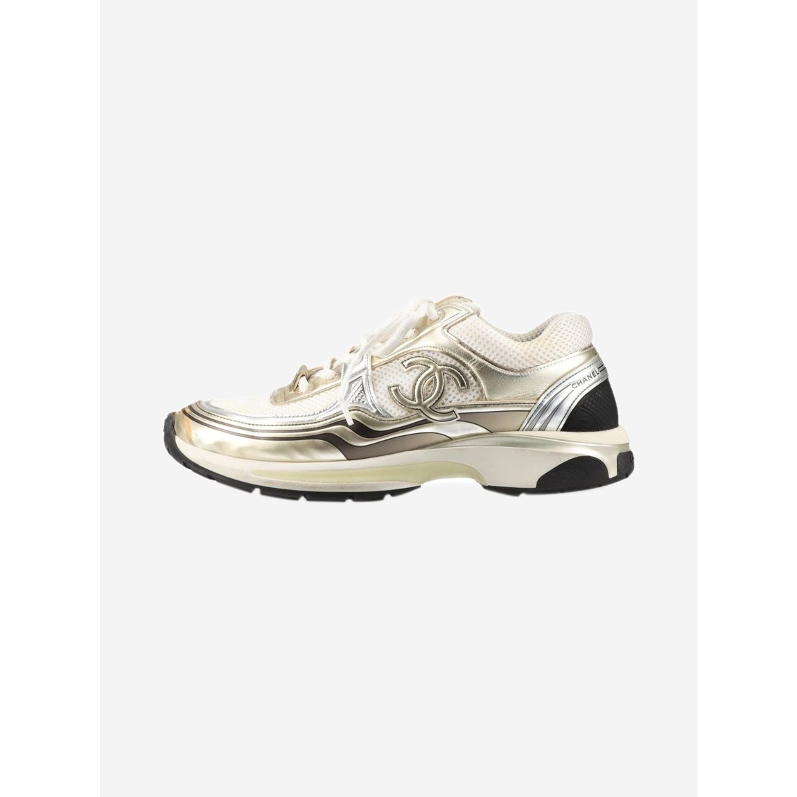 White and gold CC mesh and leather trainers main product photo
