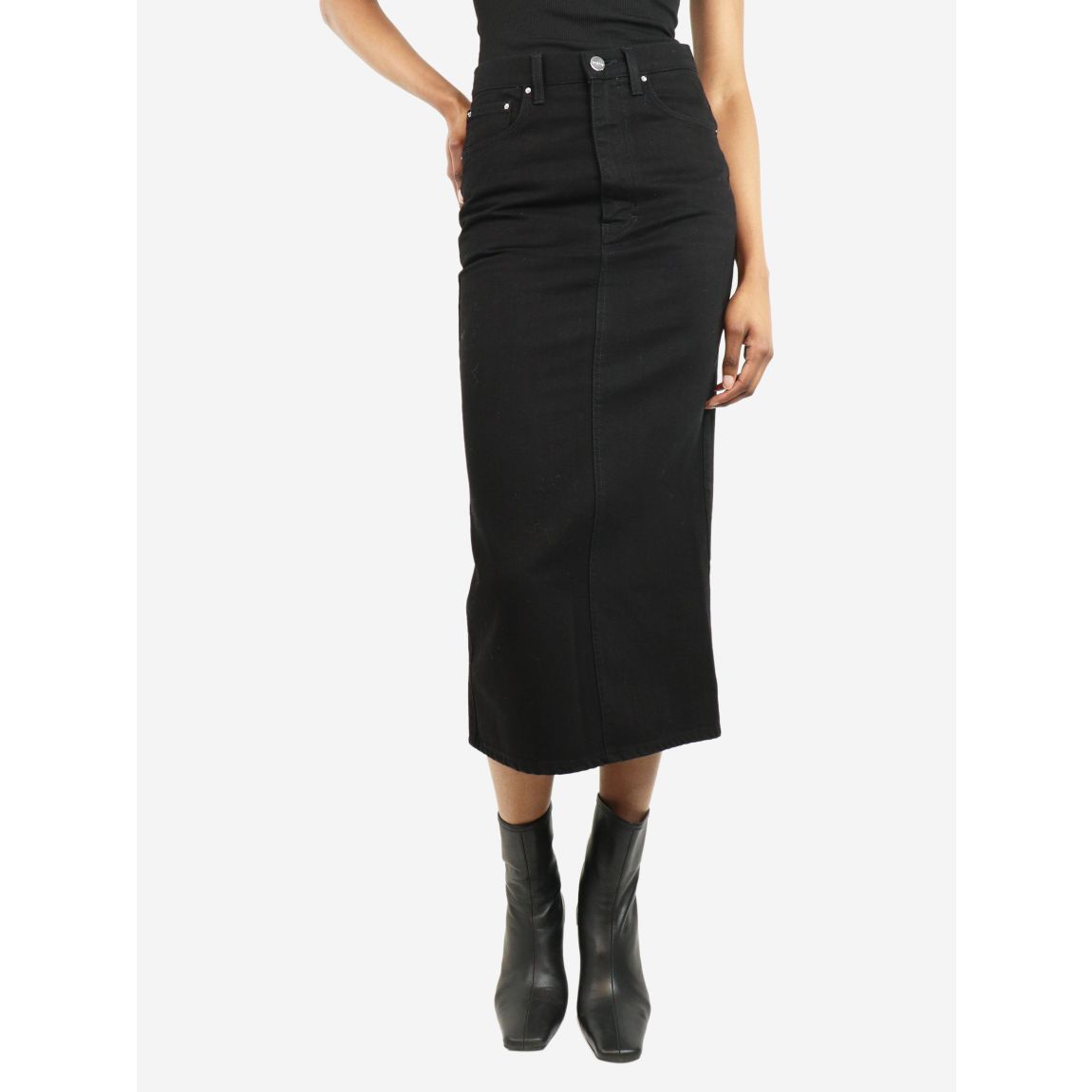 Black denim pencil skirt main product photo