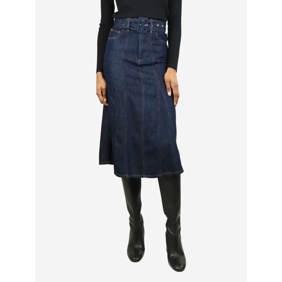 Blue belted denim A-line midi skirt main product photo