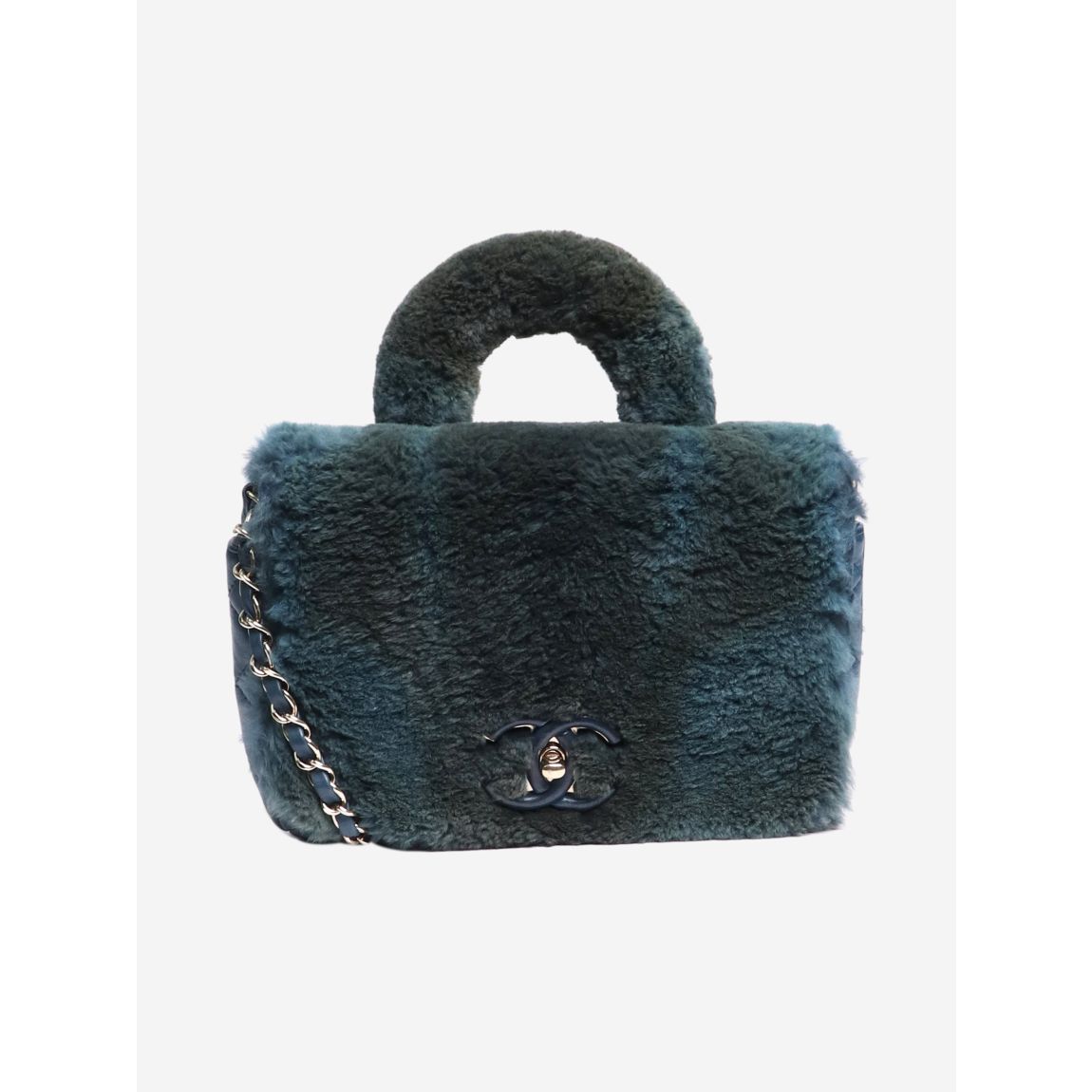 Blue and green 2017 fur top handle bag main product photo