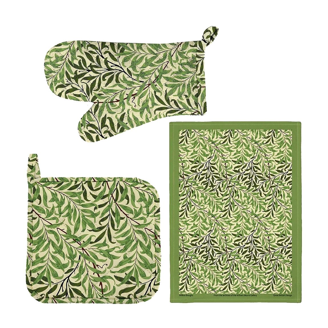 Set of 3 Green Willow :Tea Towel, Oven Glove and Pot Holder main product photo