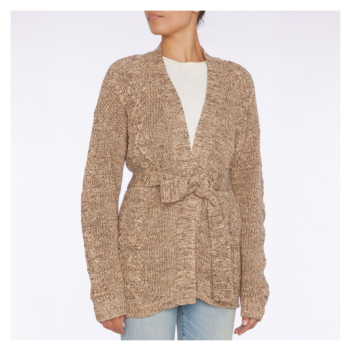 Camel Belted Cable Knit Cardigan main product photo