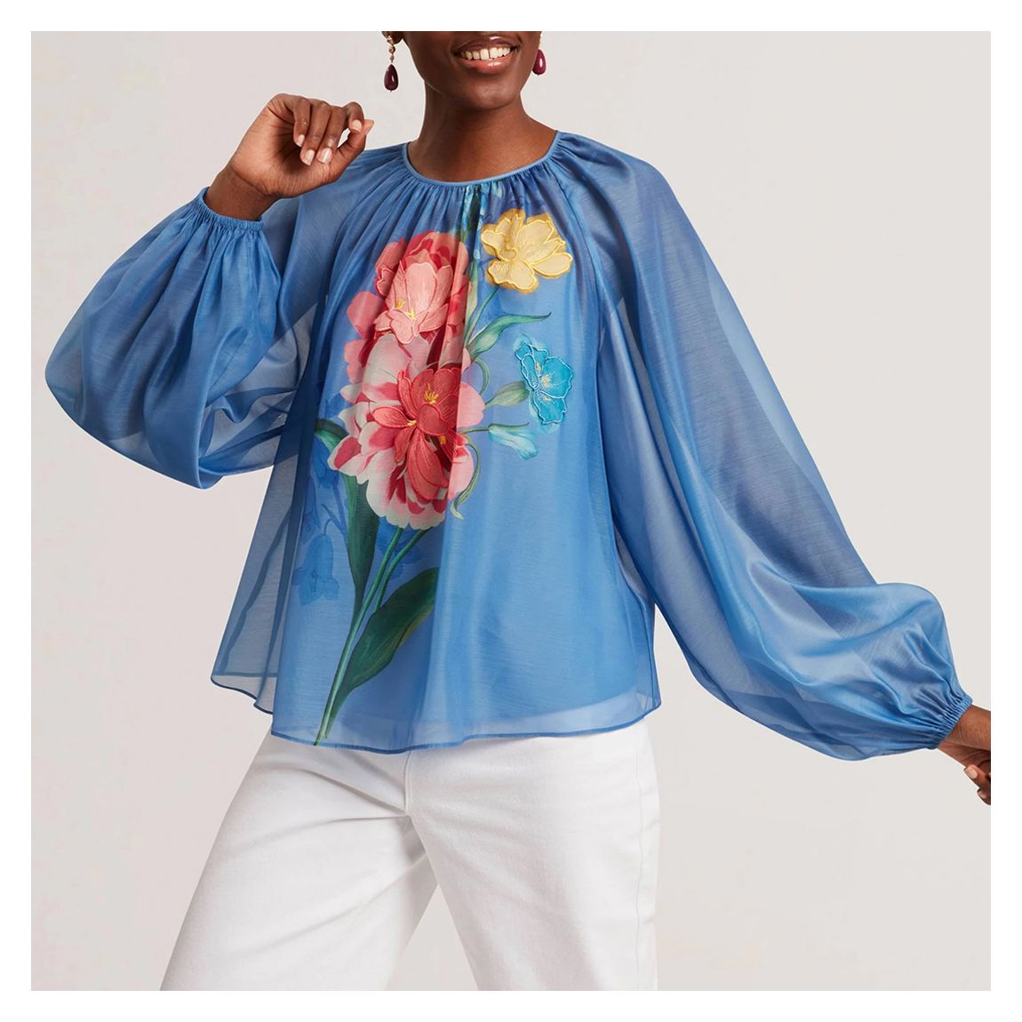 Blue Alria Printed Organza Puff Sleeve Blouse main product photo