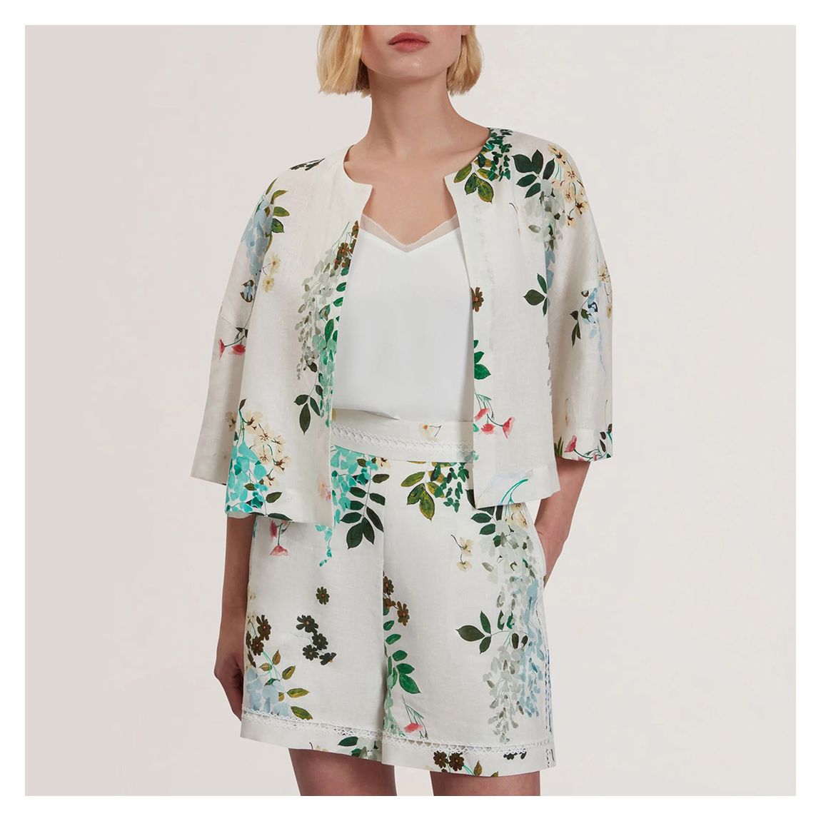 White Kalna Printed Linen Short Sleeve Top main product photo