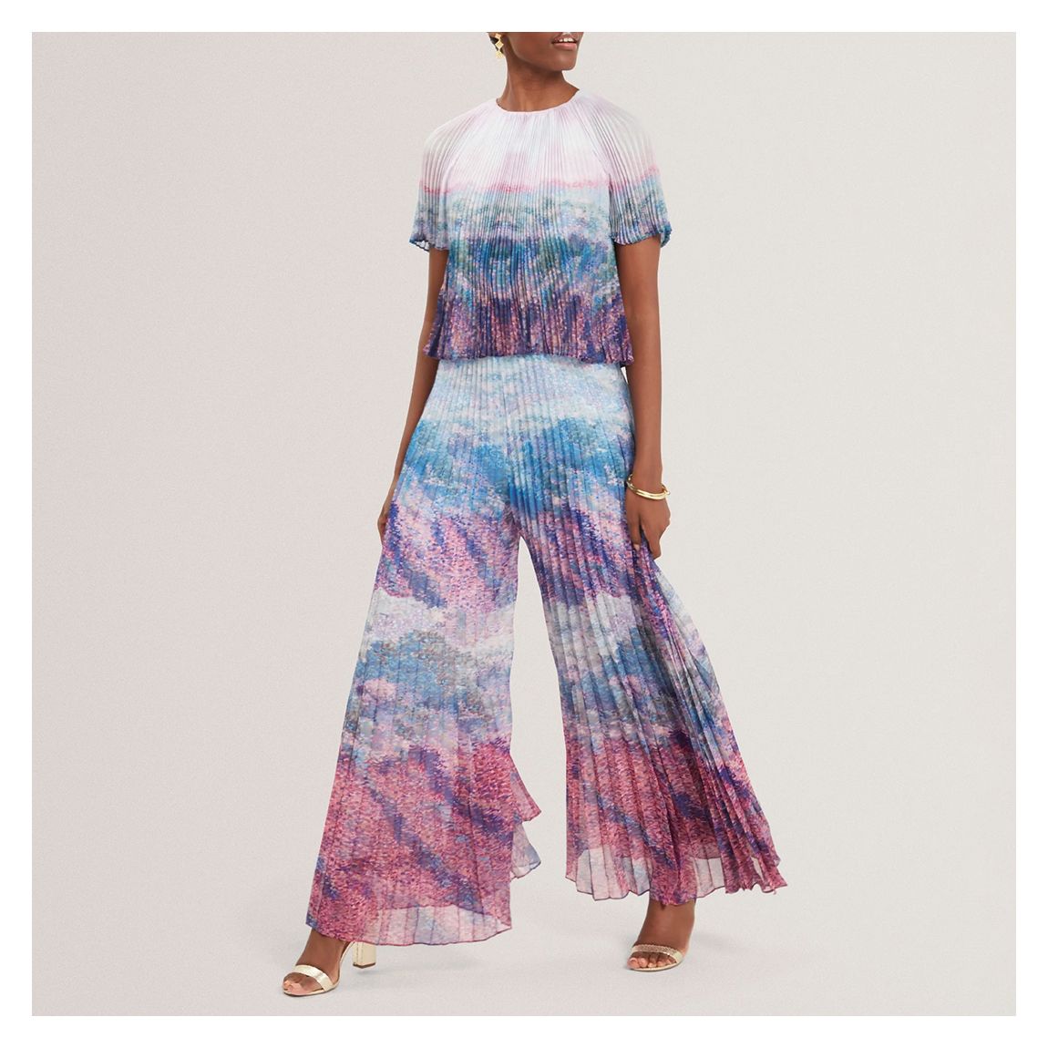Pink/Blue Aharra Pleated Short Sleeve Blouse main product photo