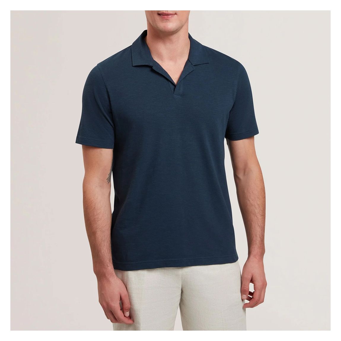 Navy Anito Cotton Linen Open Polo Shirt main product photo