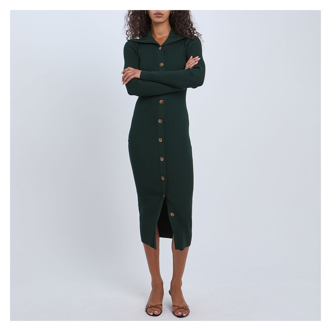 Green Maria Button Front Rib Knit Midi Dress main product photo