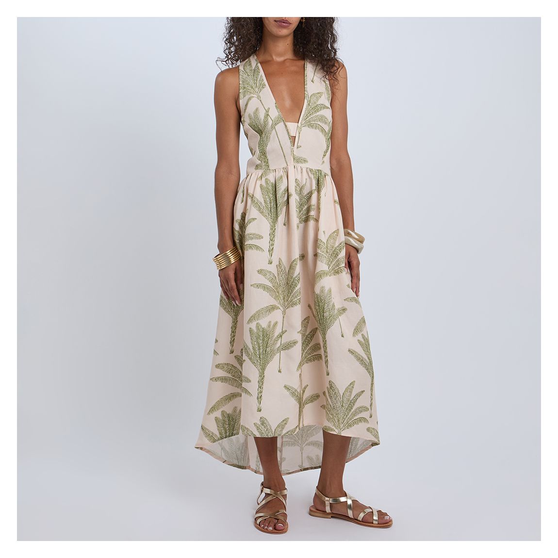Neutral Leaf Print Anna Linen Midi Dress main product photo