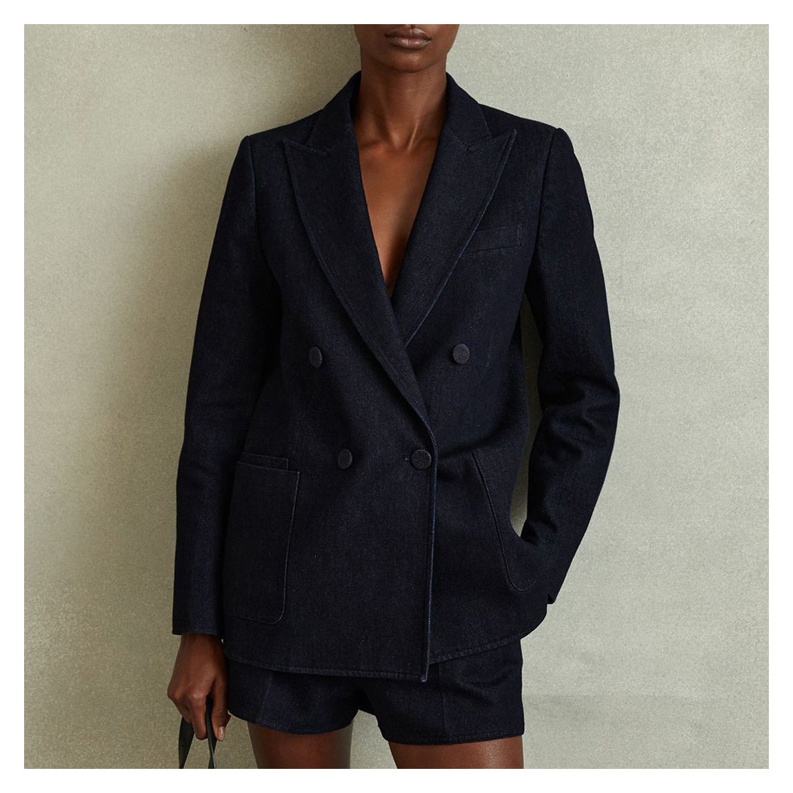 Dark Blue Maya Double Breasted Denim Blazer main product photo