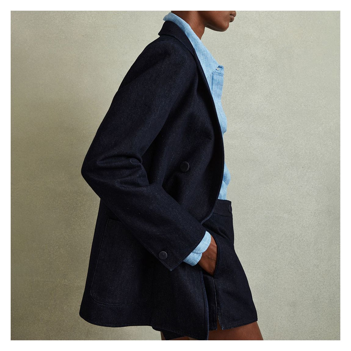 Dark Blue Maya Double Breasted Denim Blazer main product photo