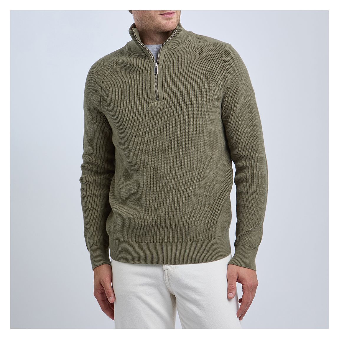 Khaki Green Buckingham Ribbed Quarter Zip Cotton Jumper main product photo