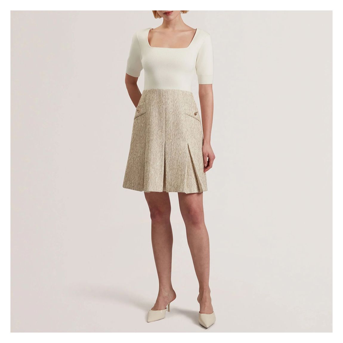 Ivory Vulpad Knit Bodice Boucle Mini Dress main product photo