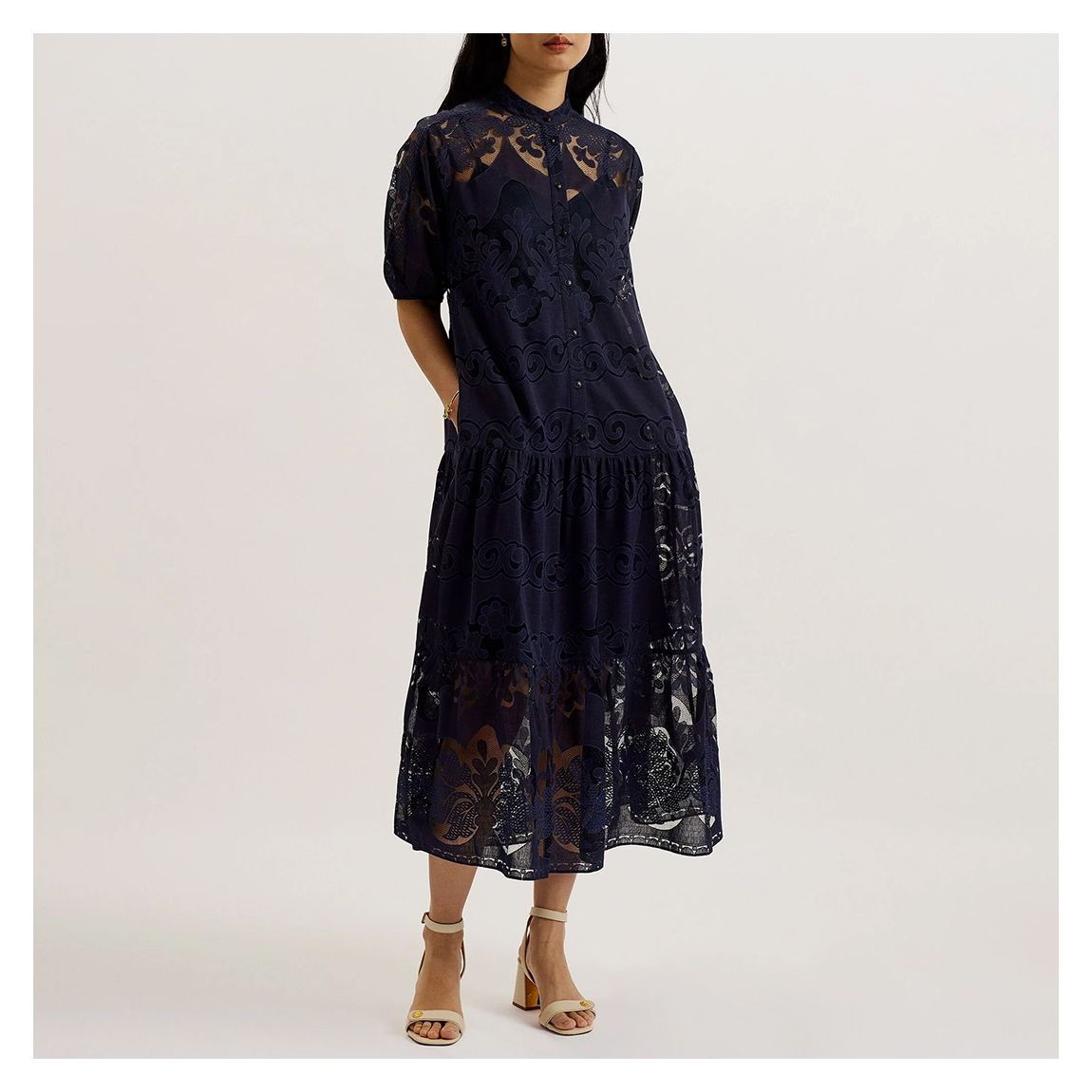 Navy Laced Midi Shirt Dress main product photo