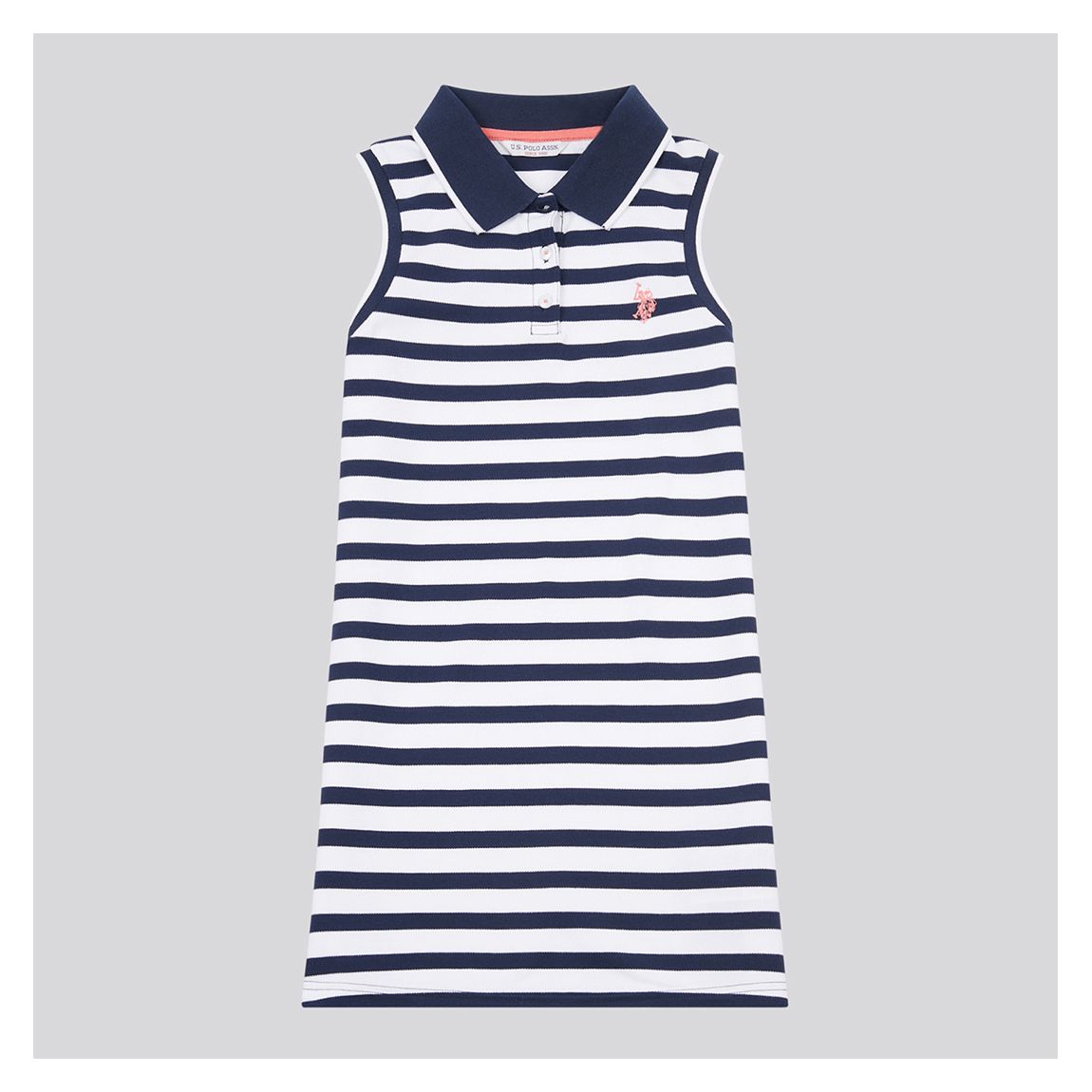 White/Navy Stripe Sleeveless Pique Polo Dress main product photo