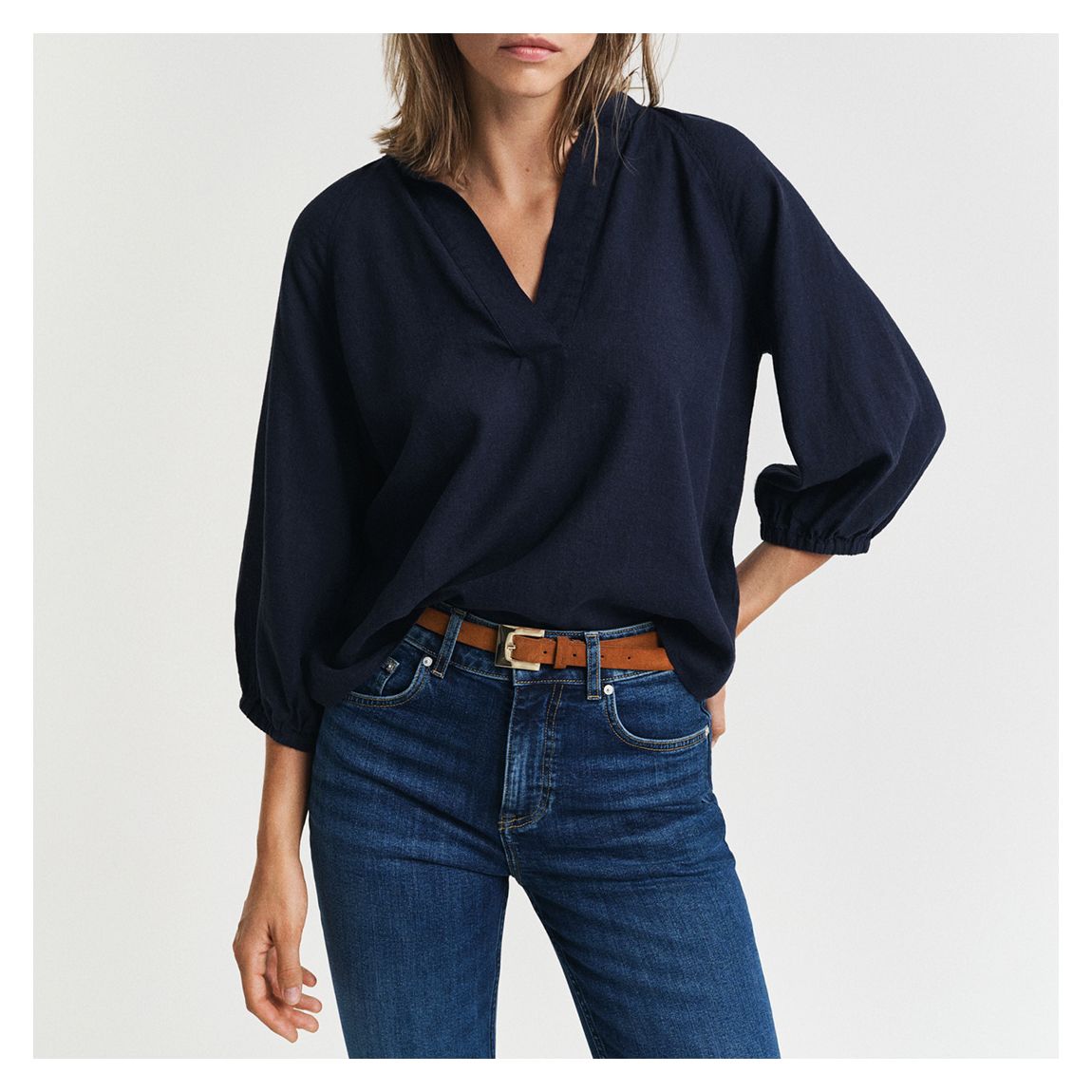 Navy Linen Blend V-Neck Blouse main product photo
