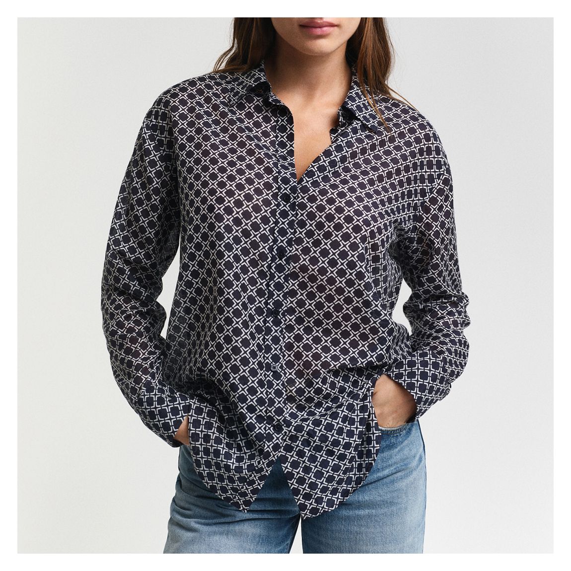 Navy Relaxed Geometric Silk Blend Shirt main product photo