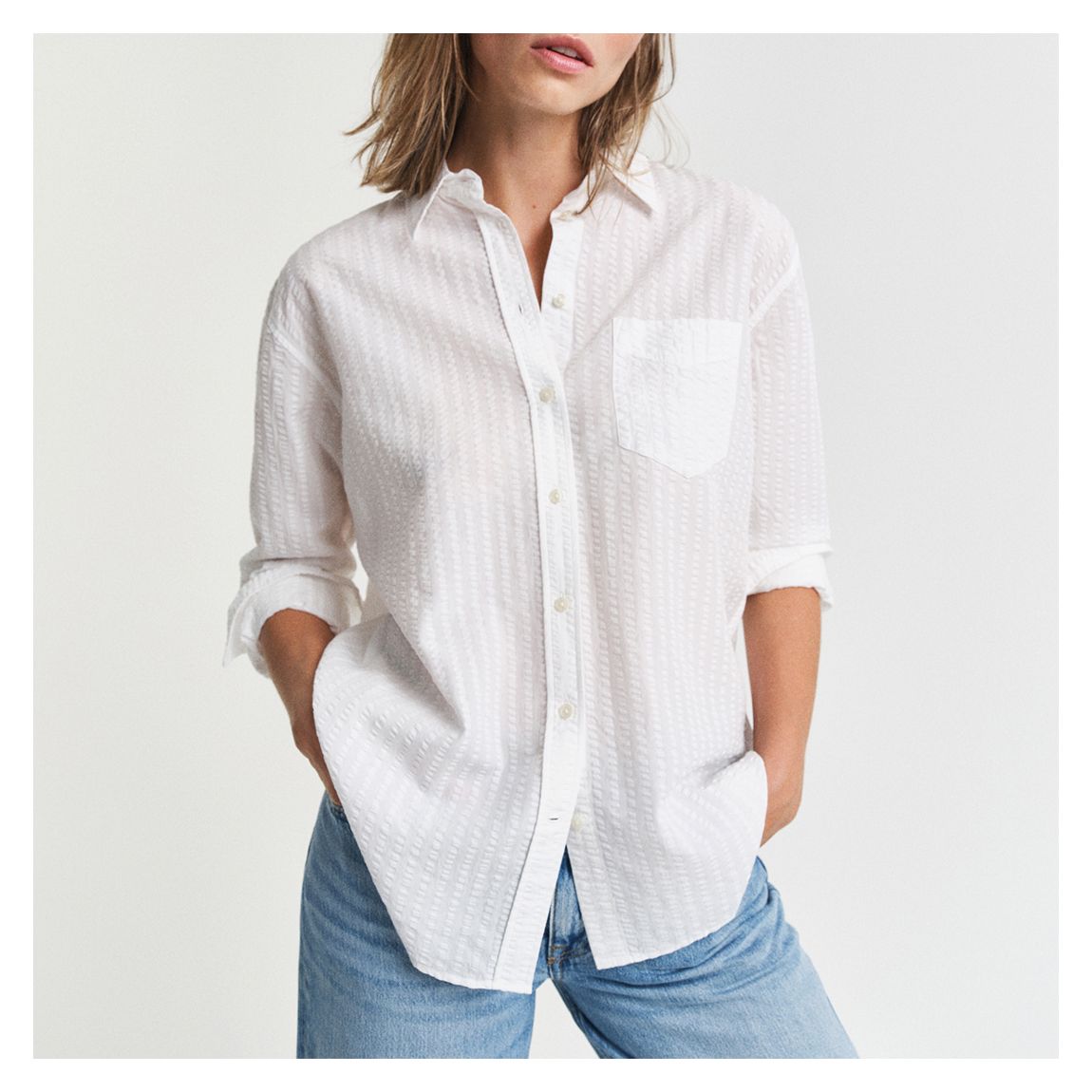 White Relaxed Tonal Striped Seersucker Shirt main product photo