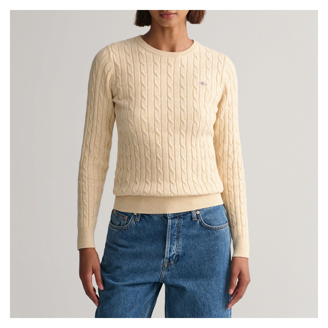 Tan Stretch Cable Knit Crew Neck Jumper main product photo