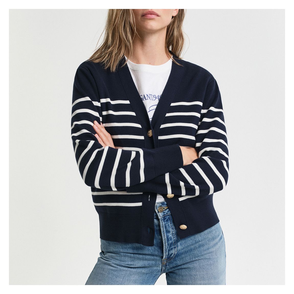 Navy/White Striped Cotton Cardigan main product photo