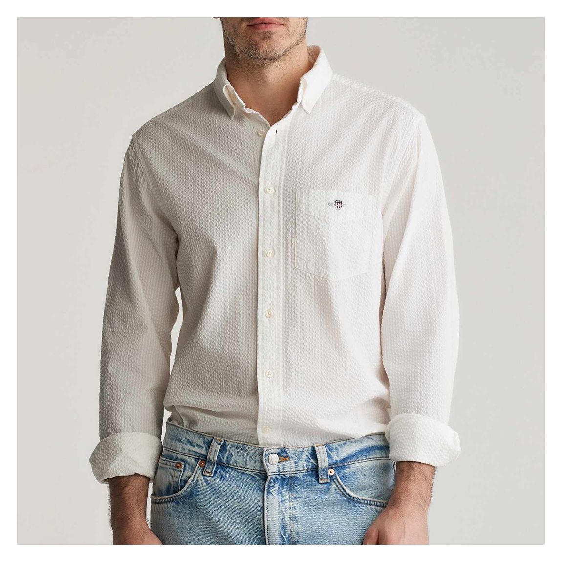 Ecru Seersucker Long Sleeve Cotton Shirt main product photo